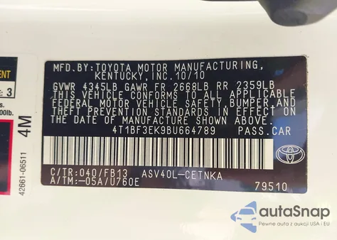 2011 Toyota Camry Le из США, поврежденный, VIN 4T1BF3EK9BU664789